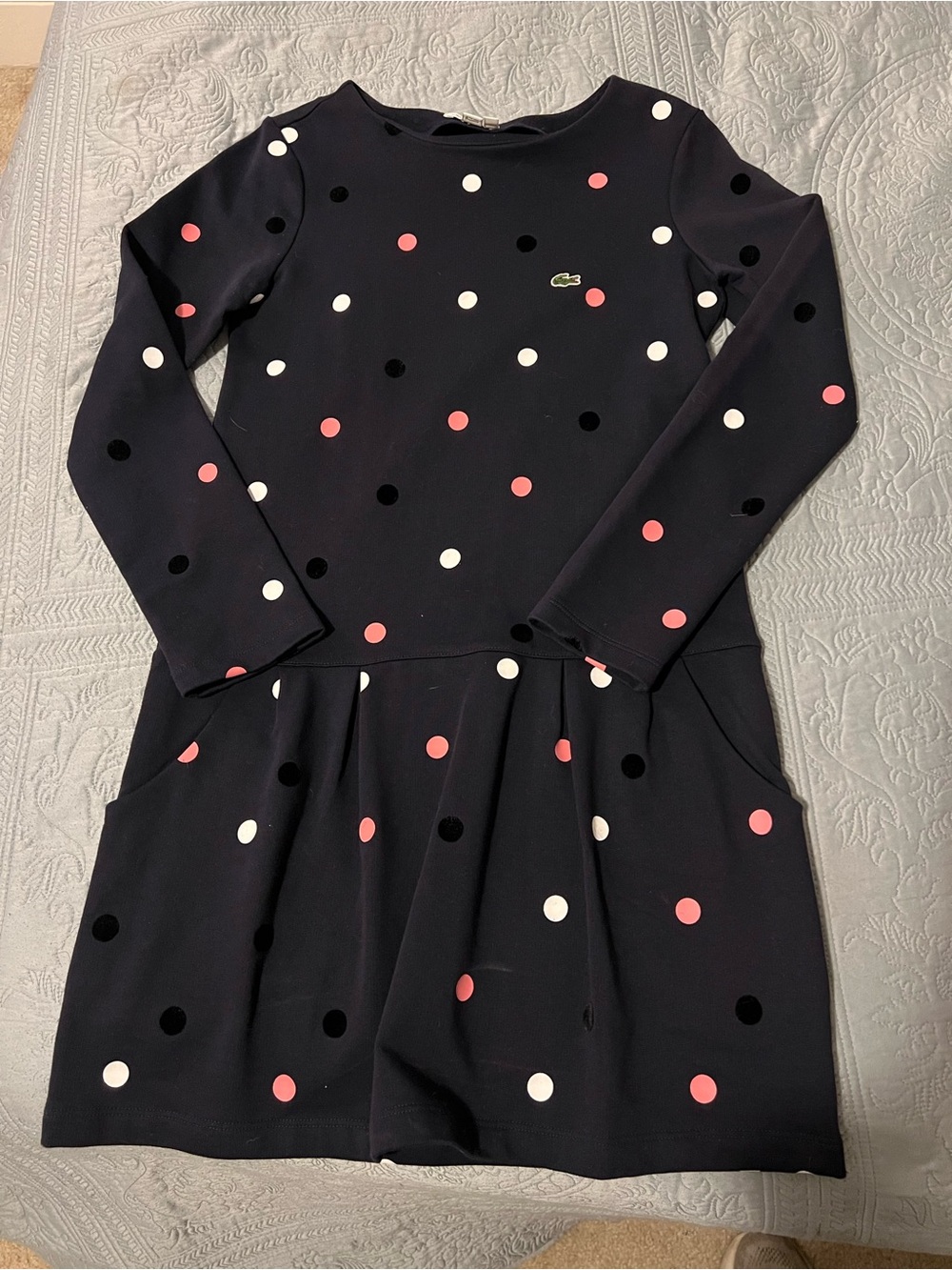 Lacoste LIKE NEW Navy Polka Dot Long Sleeve Dress with Pink, White & Black Dots